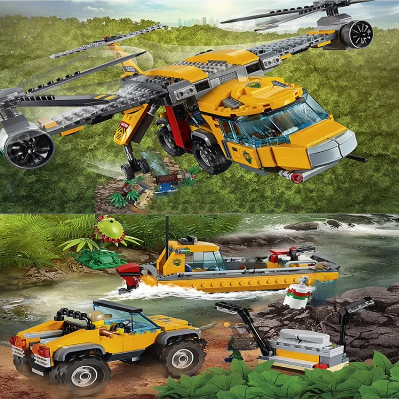 Совместимые наборы MOC, городская серия, джунгли, вертолет, строительные блоки, исследовательский сайт, кирпичи, игрушки для мальчиков, подарки для детей 60162
