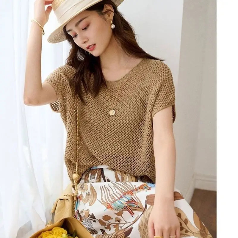 Fashion O-Neck Bright Silk Batwing Sleeve Hollow Out Blouse Women\'s Clothing 2023 Summer New Casual Pullovers All-match Shirt