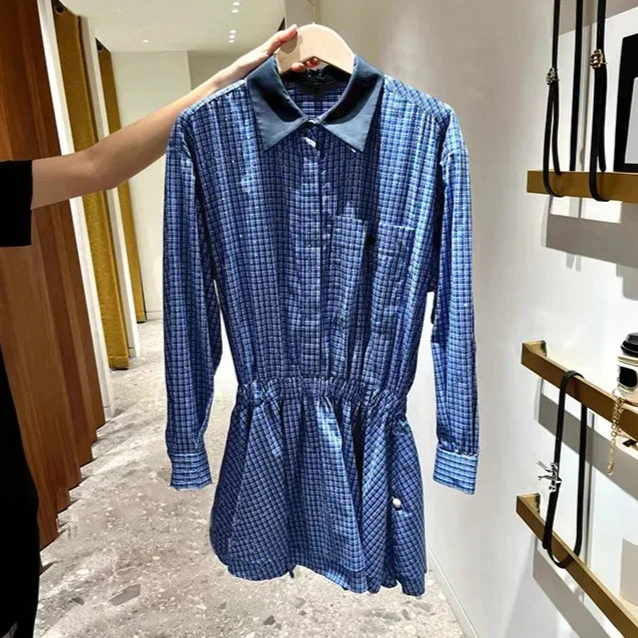 Combinaison à carreaux bleus pour femmes françaises – Col chemise avec strass et body à taille élastique