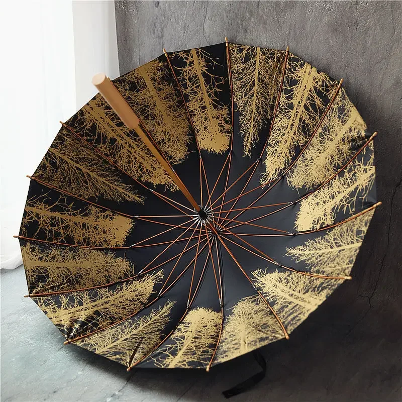 

Peixin Wooden Pole Forest Impermeable Sun Protection and UV Protection Black Rubber Umbrella Chinese Style Ancient Style Long