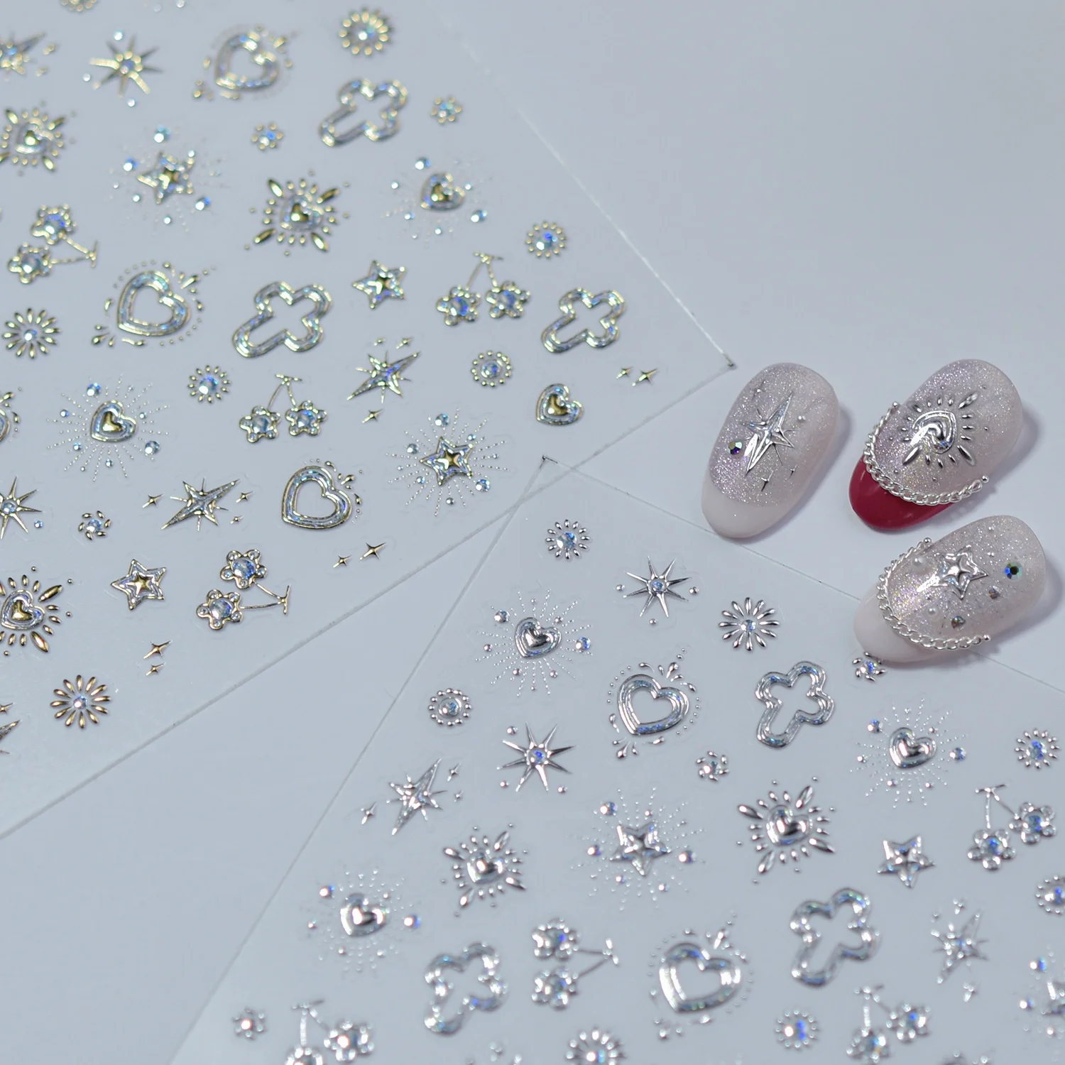 Platinum Moonlight 5D Nail Decals Retro Love Heart Moon Shell Starburst Gem Floral Chain Stereo Nail Stickers Fashion Nail Art