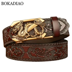 BOKADIAO Men Genuine Leather Belt Luxury Gold Dragon Metal Automatic Buckle Cowhide Belts for Men Jeans Waistband Male Strap