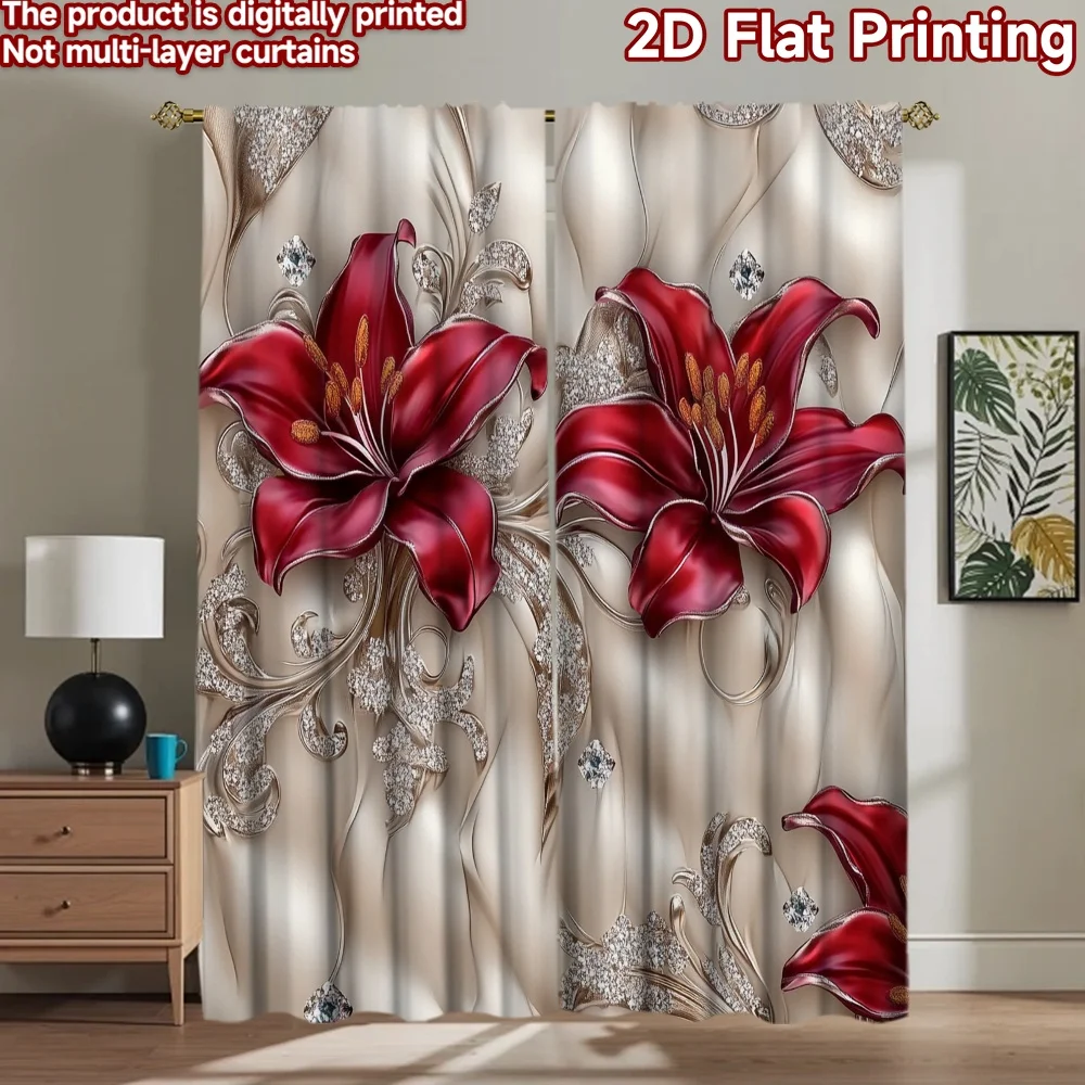 2D flat 2pcs Curtain Modern Minimalist Style Red Lilies on Ivory Durable polyester fiber Birthday Party Perfect for Photo Booths