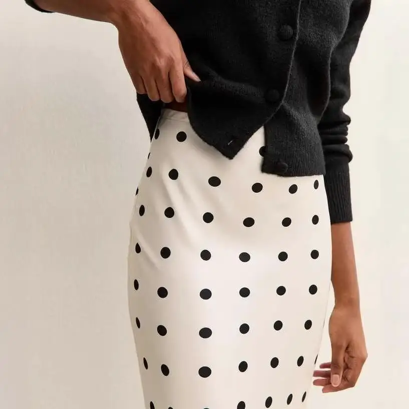 Fashionable Lace Splice Polka Dot Midi Skirt High Waist Straight Leg Women's Skirts Mid-Length A-Line Skirts Daily Wear