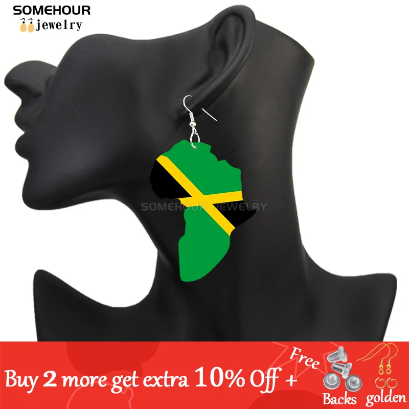 SOMEHOUR Jamaica Country Flag Print African Map Wooden Drop Earrings Trendy Loops Pendant Dangle Jewelry For Black Woman Gifts