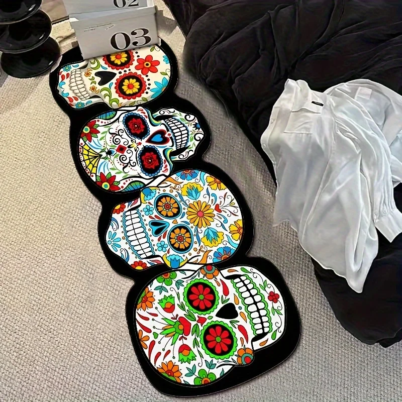 VIKAMA Skull Pattern Carpet - Colorful Bedroom Entrance - Halloween And Day Of The Dead Bedside Rug - Festive Decoration