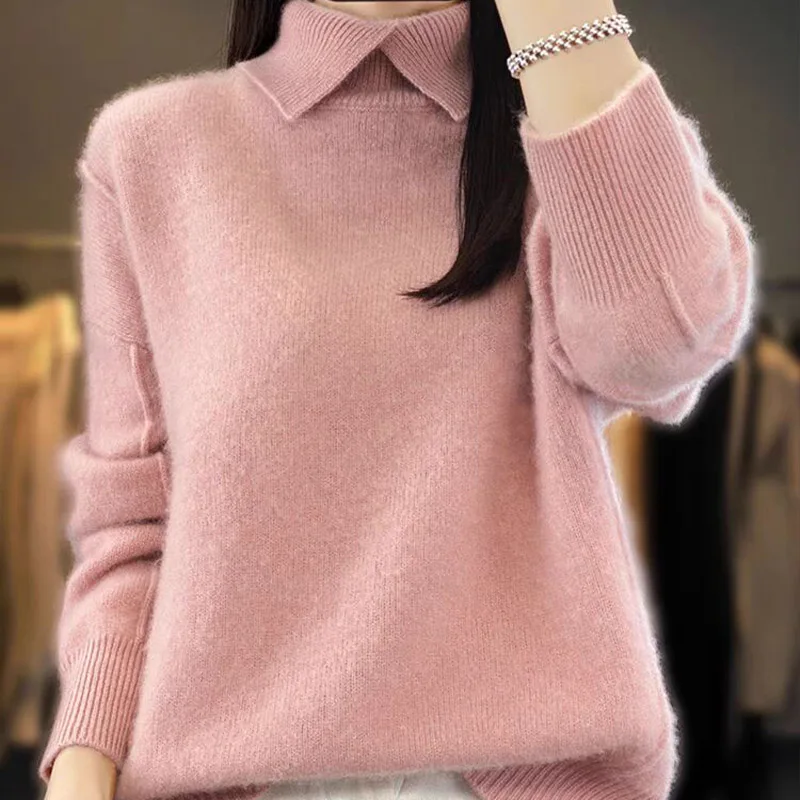 Autumn Winter New Turn-down Collar Knitted Sweaters Simple Solid Loose Casual Pullovers Women Fashion Temperament Tops