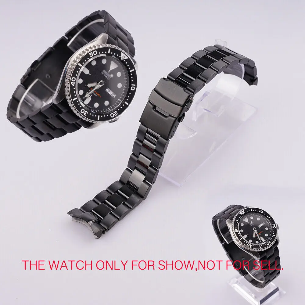 22mm Solid Curved End Links All Black 316L Steel Watch Band Bracelet For SKX 007