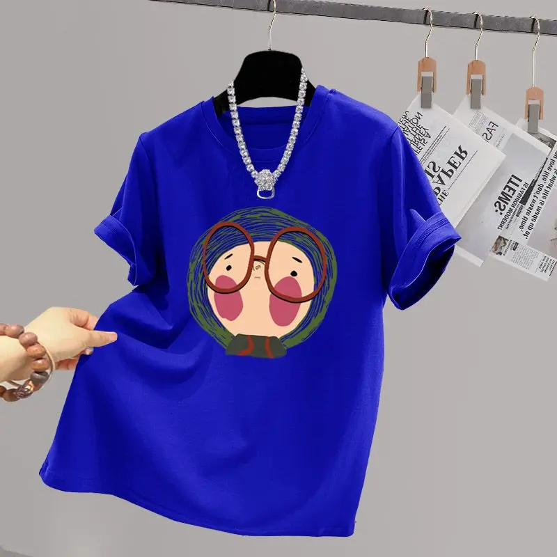 Women Cartoon Printed O-neck T-shirt Summer Basic Pure Cotton Chic Y2k Short Sleeve Tops Comfortable Breathable Top Tees