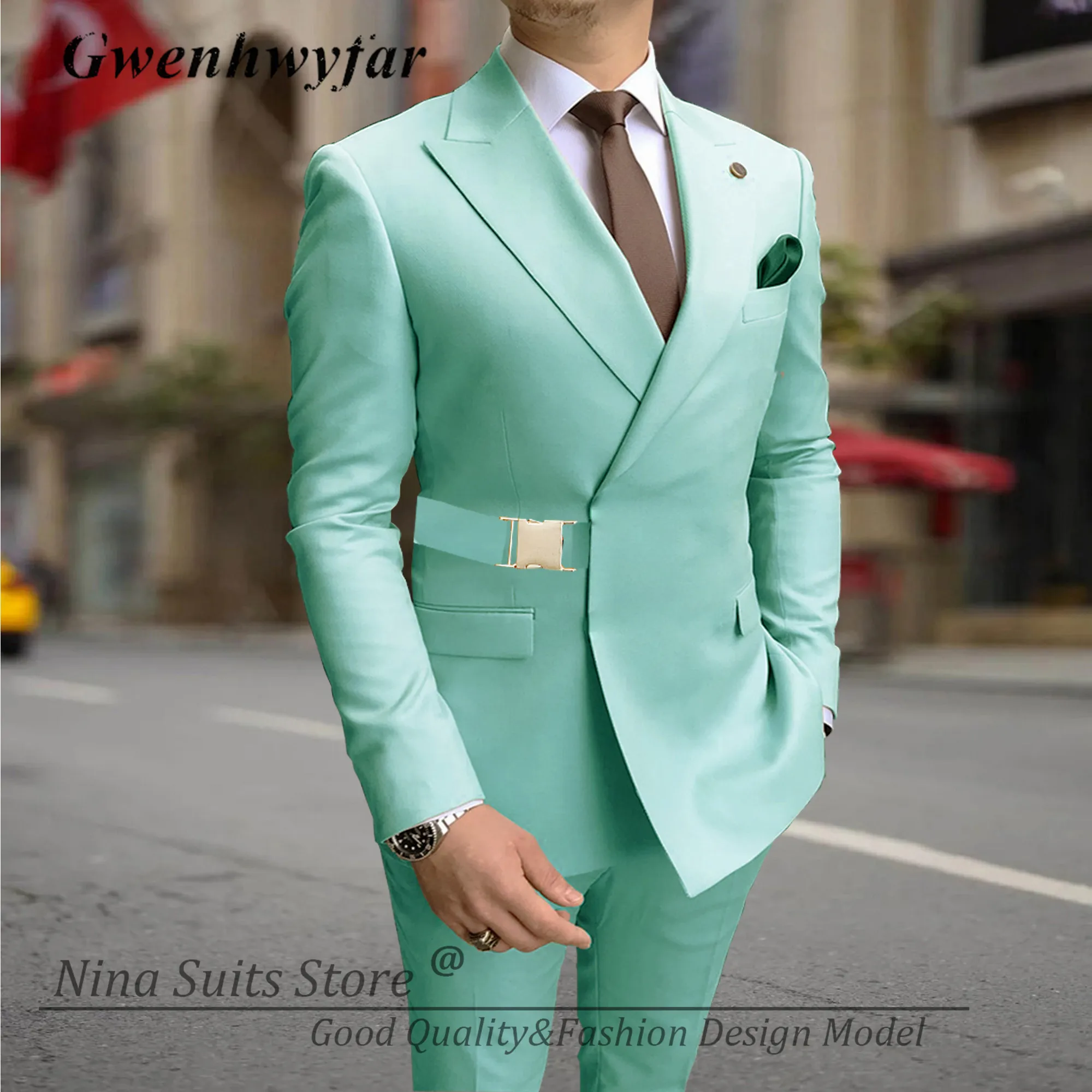 G&N 2023 Men Suits with Gold Metal Buckle Lavender Minte Navy Grey White Black 20 Colors Men's Casual Blazer Pants Set Handmade