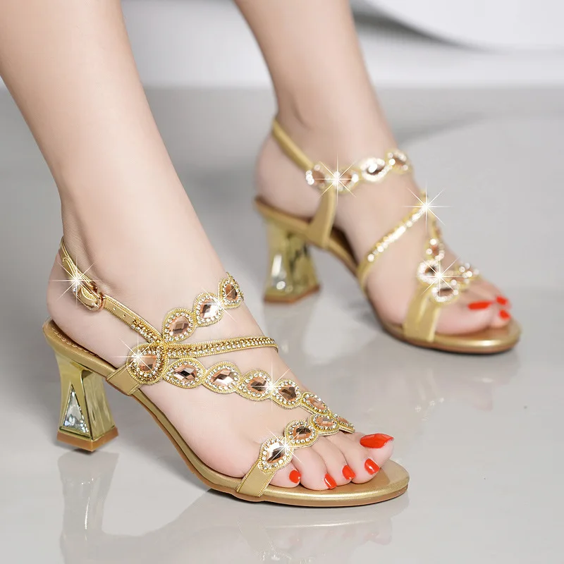 Fashion Womens Shoes 2024 Outside Sandals High Heels Suit Female Beige Large Size Luxury Summer New Rhinestone Comfort High-heel