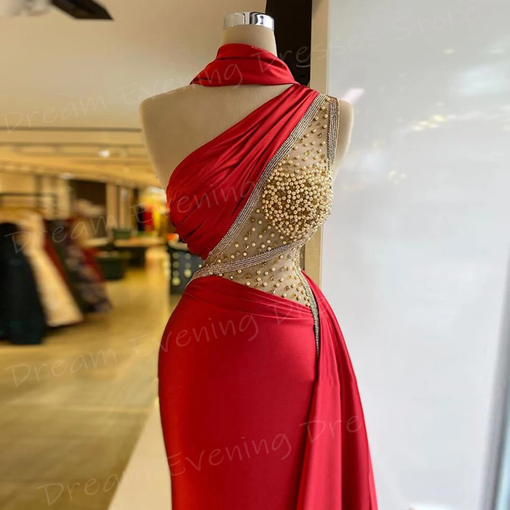 2024 Generous Red Women's Mermaid Beautiful Evening Dresses One Shoulder Beaded Prom Gowns With Pearls فساتين للمناسبات الرسمية