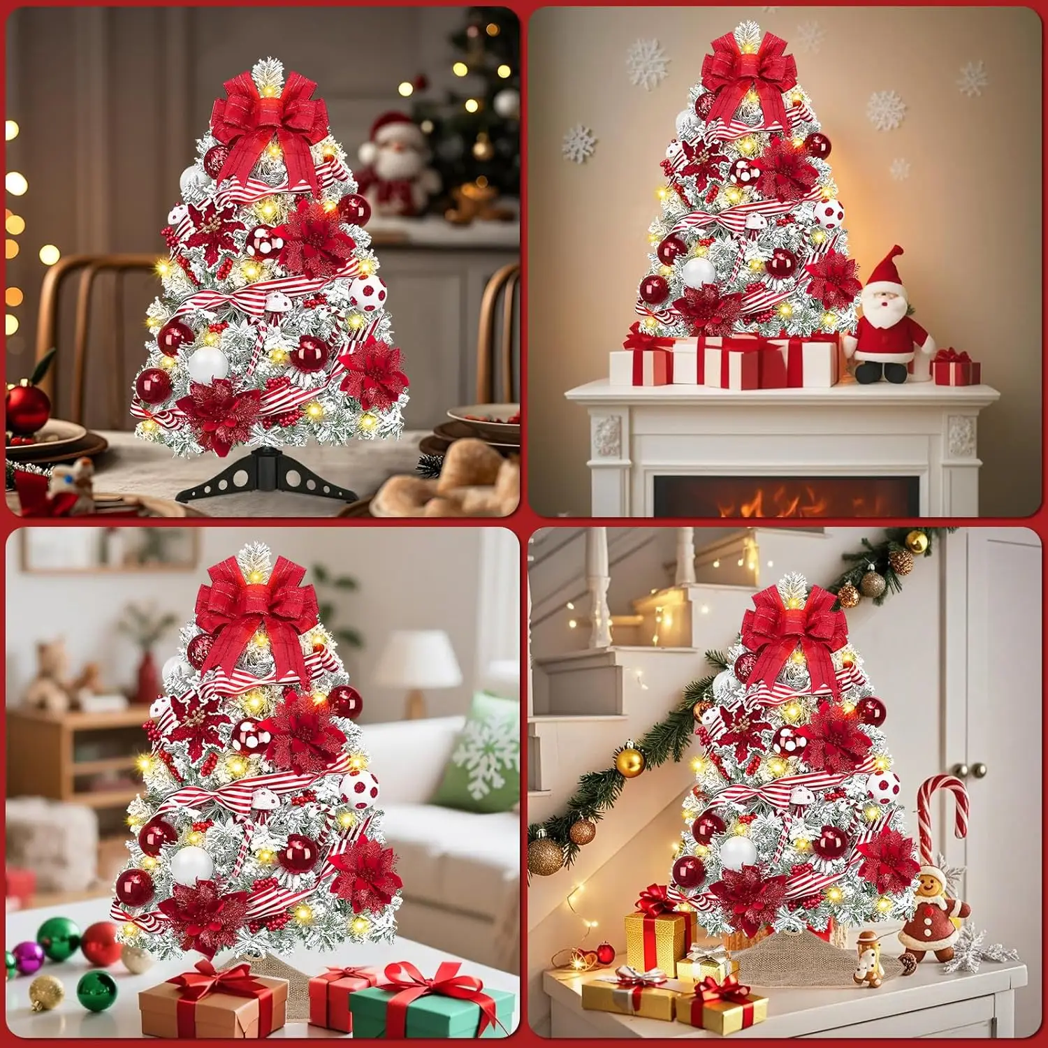 شجرة عيد الميلاد المتدفقة المضاءة مسبقًا بطول 2 أقدام مع زينة للعطلات الداخلية الصغيرة