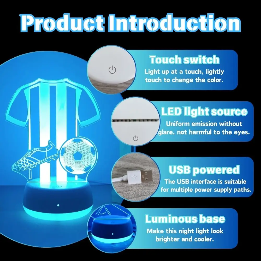 1 szt. Lampka nocna w kształcie piłki nożnej, lampka nocna z iluzją 3D, 7 zmian kolorów, włącznik dotykowy, dekoracja pokoju, świetny prezent