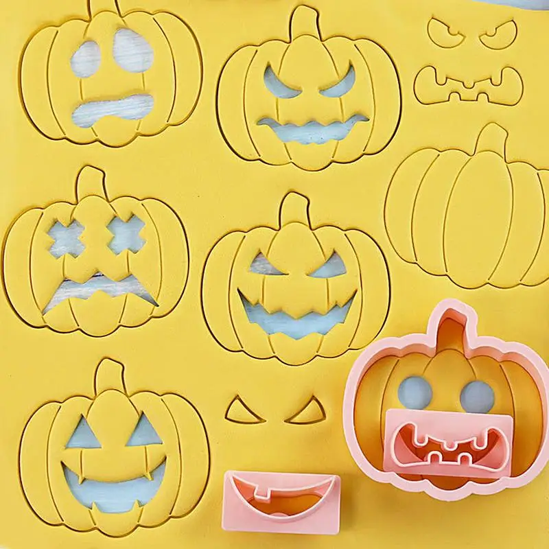 Halloween Pumpkin Cookie Cutter Food-Grade Halloween Stamps Pack Of 10 Pastry Fondant Molds With Replaceable Expressions