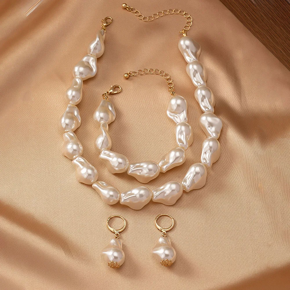 Ethnic Beaded Pearl Necklace Bracelets Delicate Jewelry Set for Women Elegant Exagerated Dangle Earring Accessories