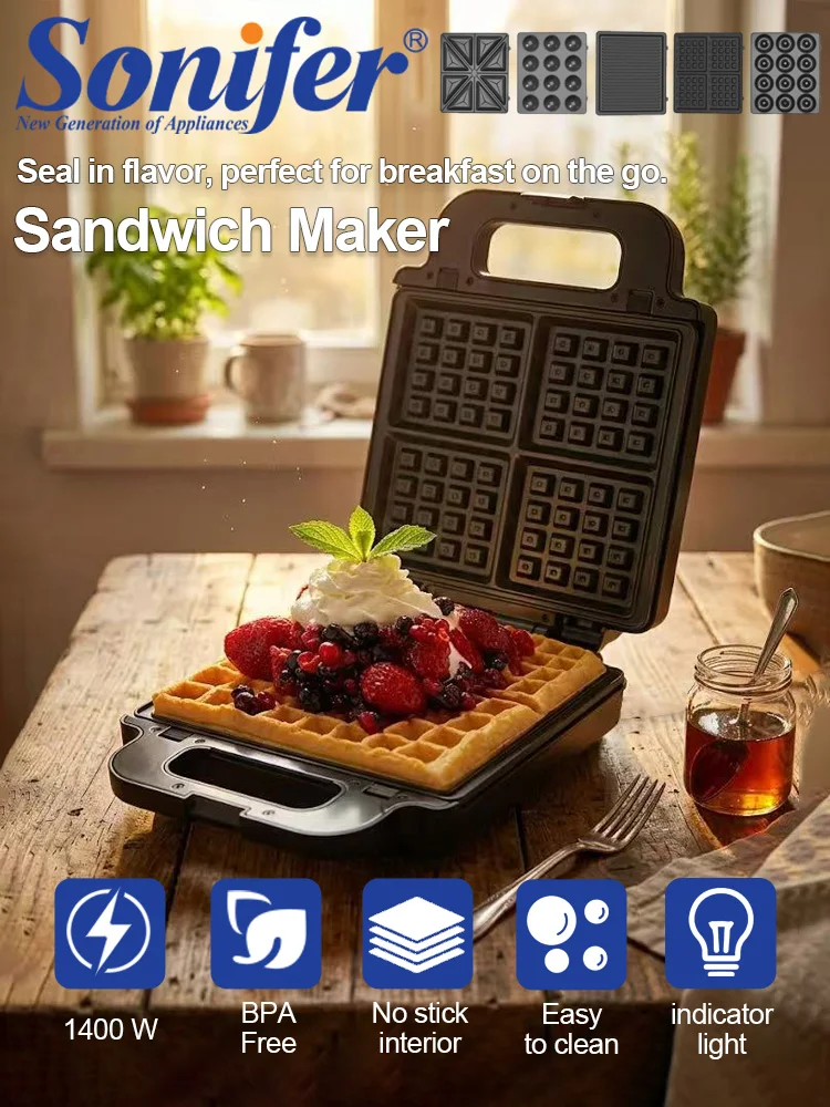 

Sonifer SF-6143S 5 in 1 Sandwich Maker 1400W Waffle Iron Toaster with 5 Removable Non-stick Trays Stainless Steel Top Cover