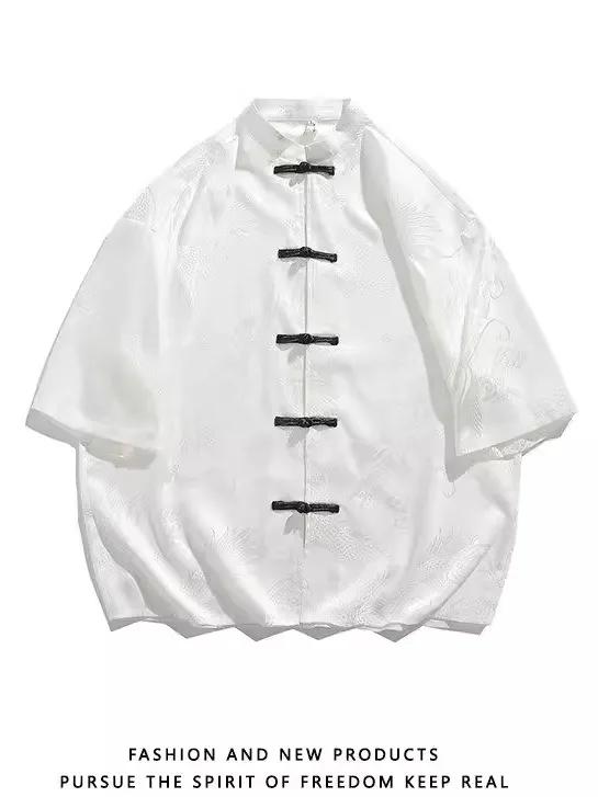 

Men's Ice Silk Short Sleeve Shirt Loose Fit Thin Material Summer Casual Style Button up Chinese Style Collar Outerwear Coat