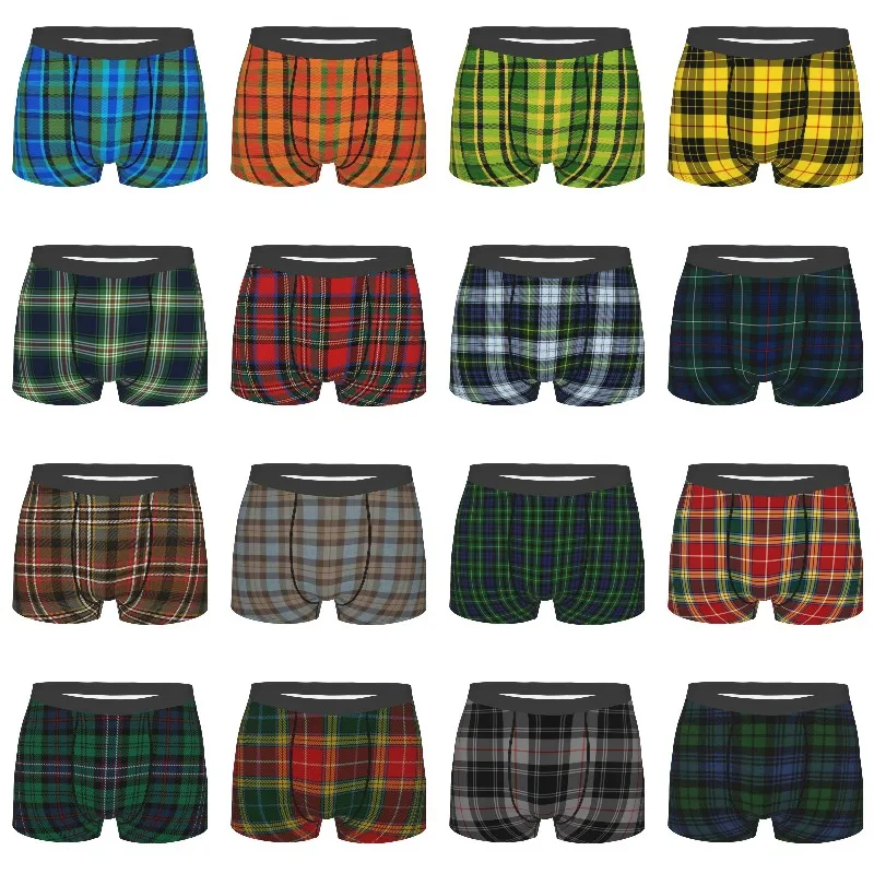 Popular Geometric Scottish Tartan Underwear Male Sexy Print Gingham Plaid Boxer Briefs Shorts Panties Breathbale Underpants