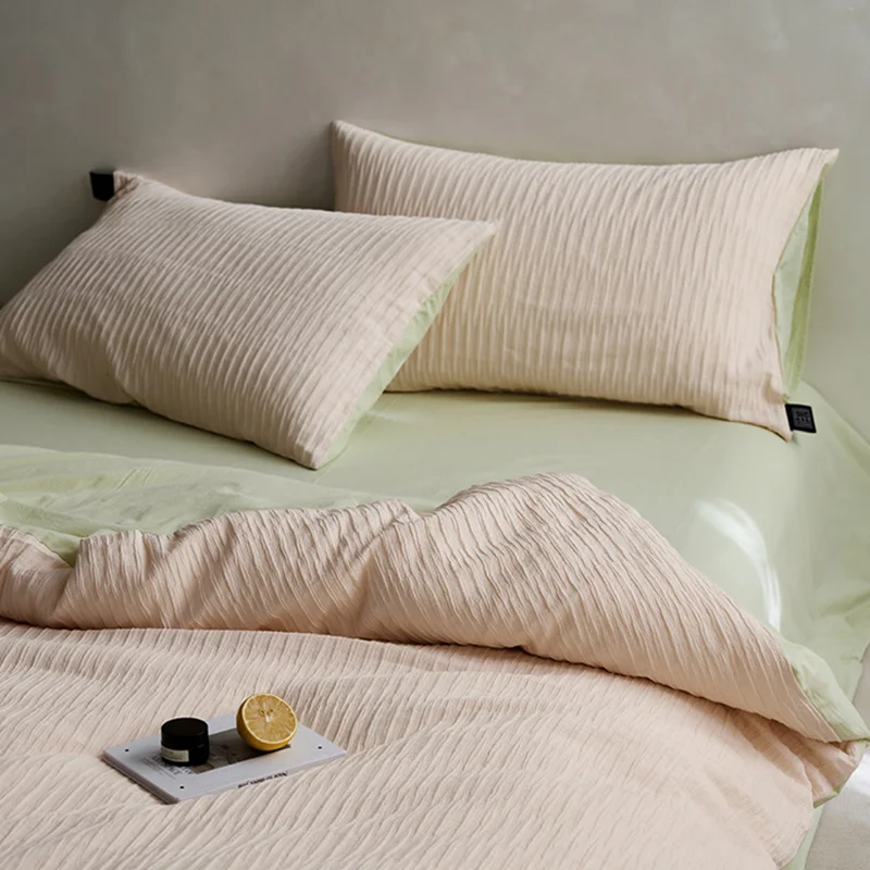 

40S Ripple Jacquard Pure Cotton Bedding Set Bubble Gauze Color Blocking Breathable Quilt Set Twin Full Queen King Bedclothes