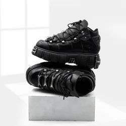 Punk Style Women Motorcycle Boots Woman Platform Leather Boots Men Gothic Ankle Rock Boots 2024 New Metal Decor Lace-up Shoes