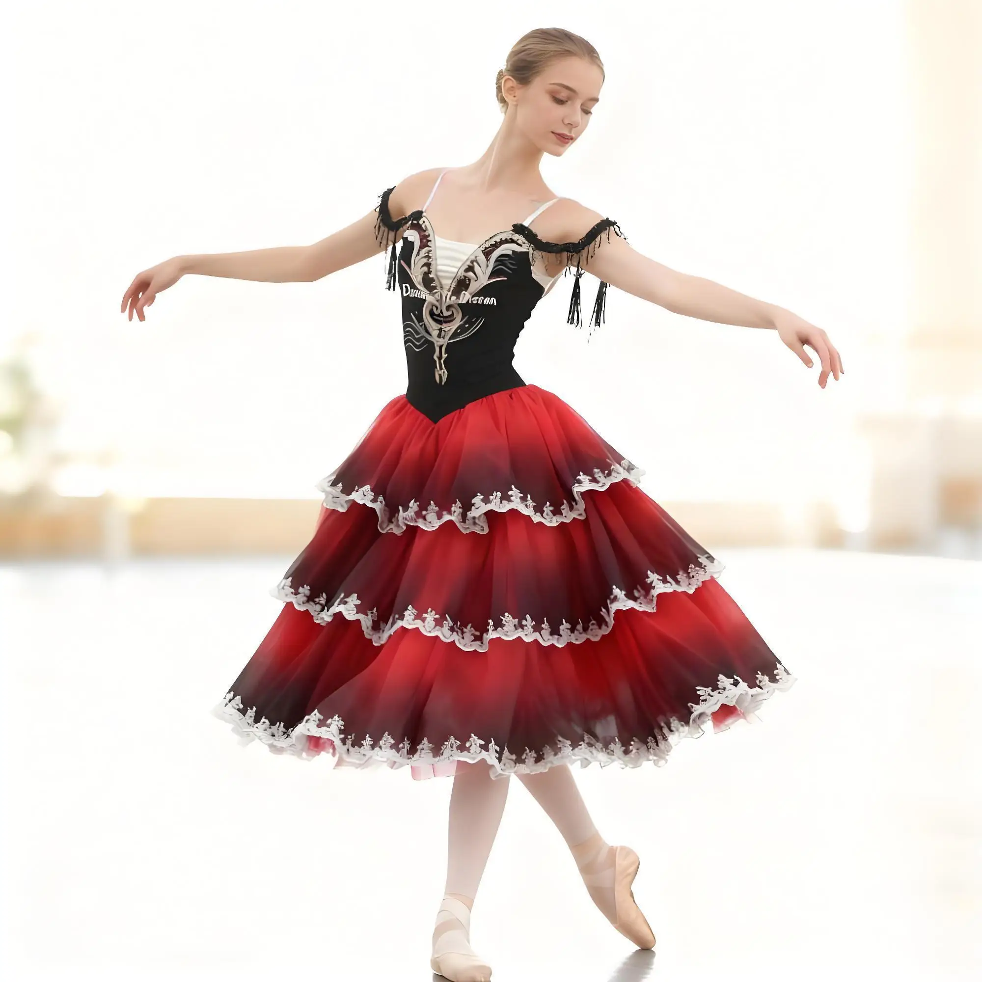 

Elegant Red - Black Gradient Ruffled Ballet Gown Glamorous Tiered Ombre Tulle Ballet Dress with Lace Details