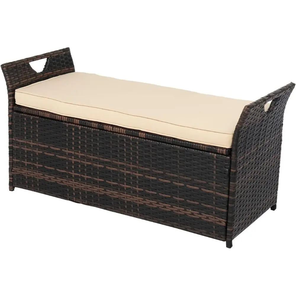 Banco de almacenamiento de mimbre de 40 galones, caja de cojín para patio con asas laterales, caja de cubierta de ratán para exterior, jardín, piscina, marrón