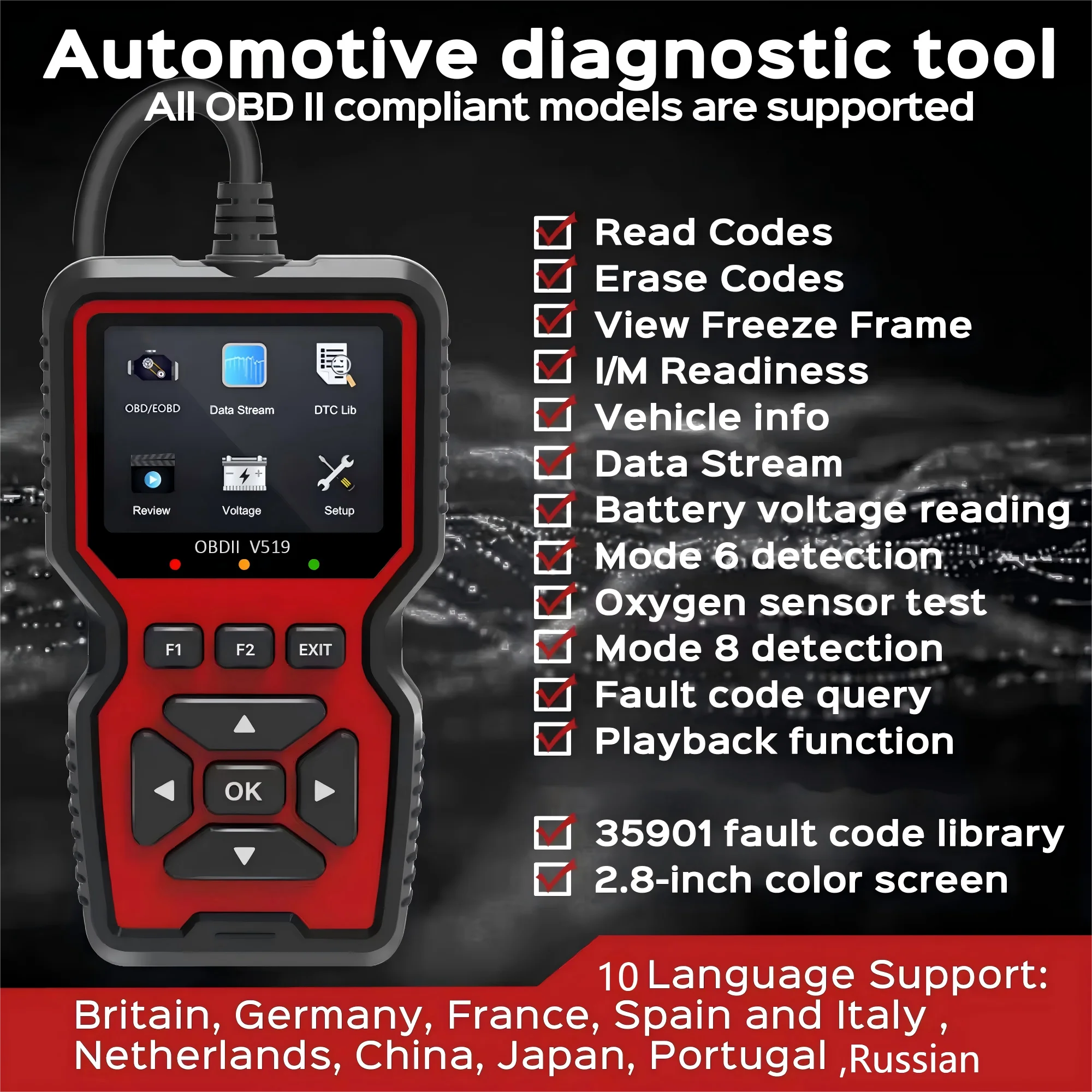 Car OBD2 Scanner Diagnostic Tool V519 Multi-language OBDII Car Voltage Tester Engine Fault Code Scanner Car Code Reader view 4