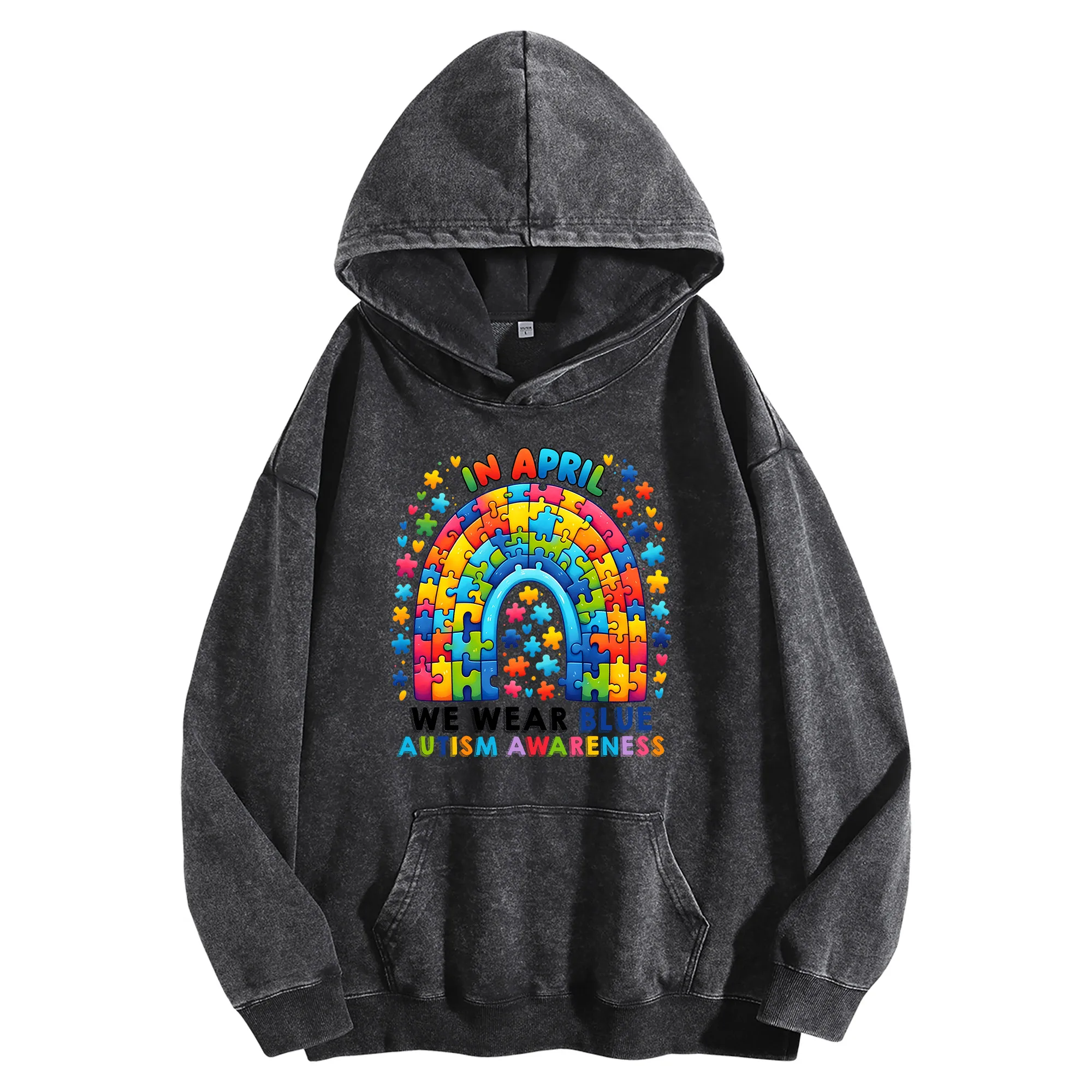 الوعي بالتوحد طباعة جرافيك 400G خمر غسلها هوديي للجنسين المتضخم الشارع الشهير البلوز مجموعة الخريف/الشتاء #1