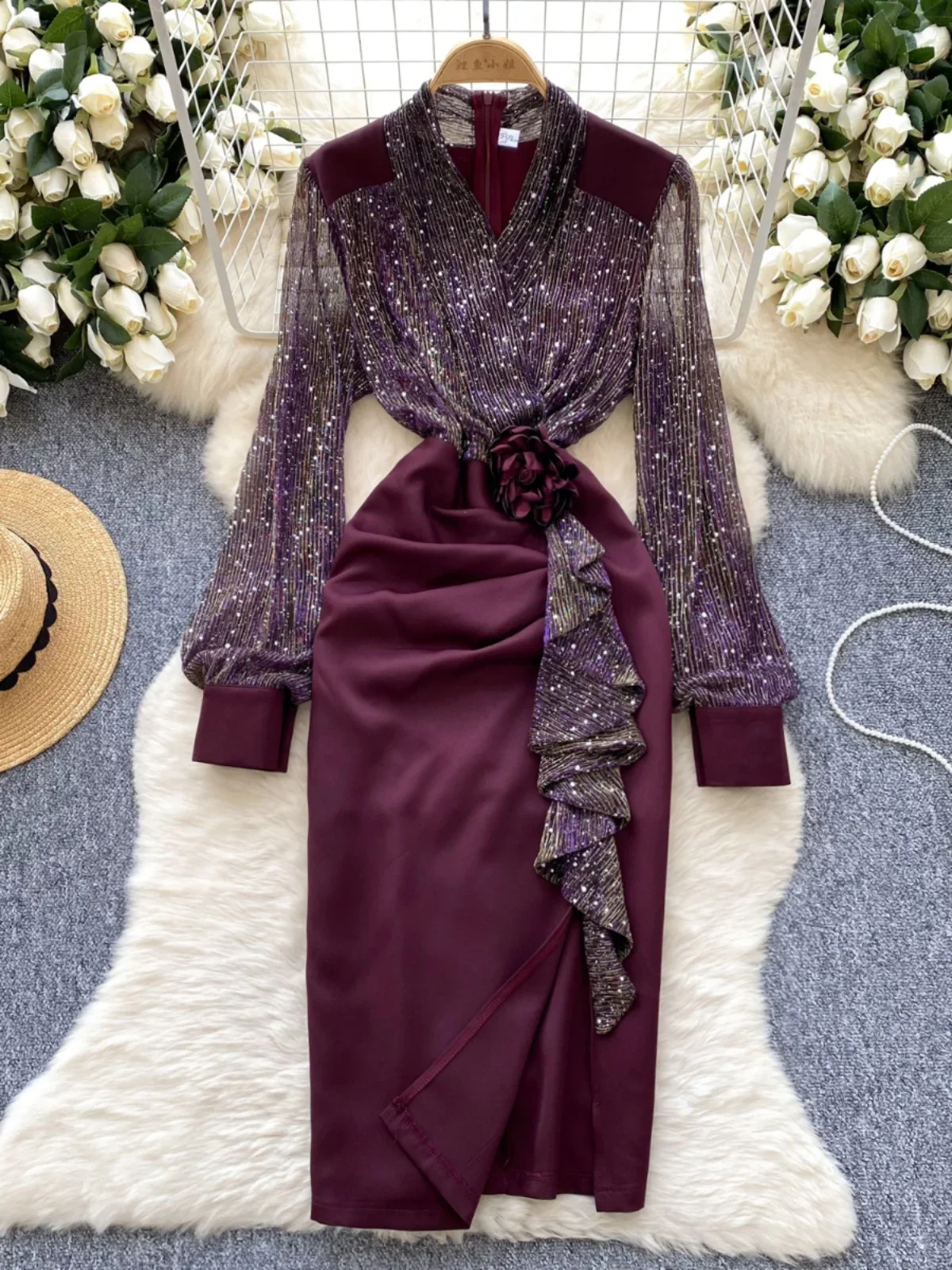 Foamlina Abito da sera da donna di alta qualità 2024 Nuovo abito in raso stretto con cuciture a rete con paillettes per l'industria pesante