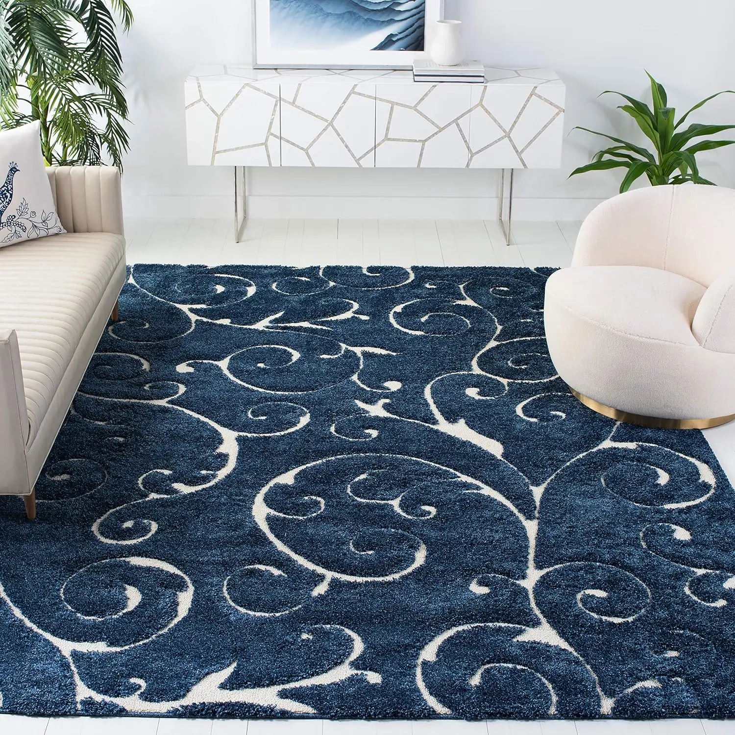 

8' x 10', Dark Blue & Cream, Scroll Design, Non-Shedding & Easy Care, tapioqueira e peneira de tapioca living room decoration