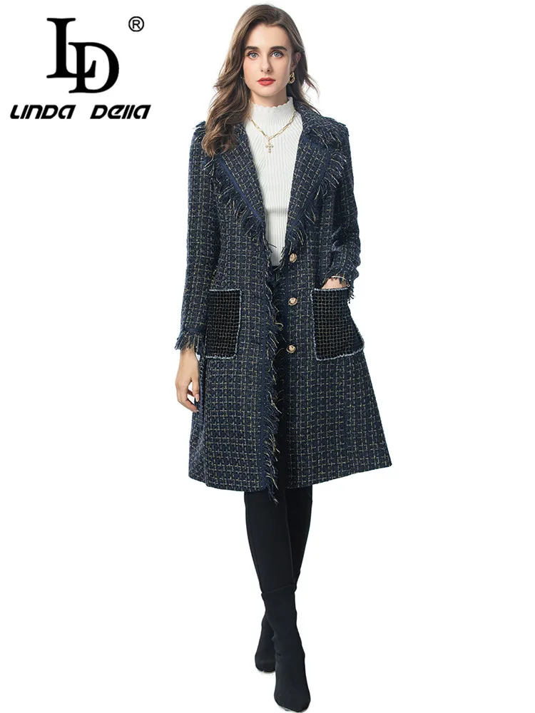 

LD LINDA DELLA Autumn Winter New Style Vintage Women's Coat Notched Single-Breasted Long-Sleeved Streetwear Fashion Overcoat