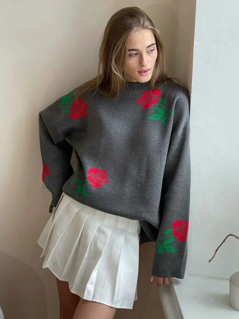 

Fashion Sweet Girls Gray Sweater 2024 Autumn Long Sleeve Floral Pullovers Winter Woman Clothing Tops Y2K O-neck Knitwears Female