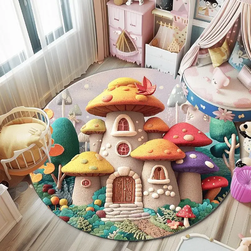 Dopamine Bedroom Decor Round Rug Cute Rugs for Bedroom Children's Reading Area Thick Floor Mat Home Cartoon Mushroom Soft Carpet