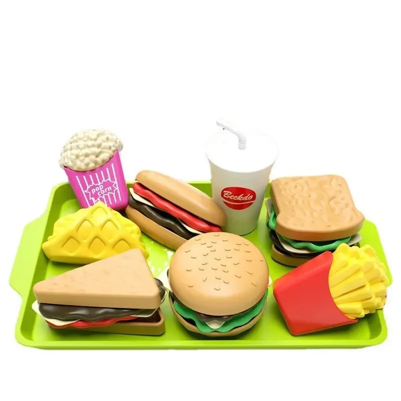 9pcs Children pretend play house toy Checeller mini hamburger fries western food kitchen set Detachable Plastic mock toys model