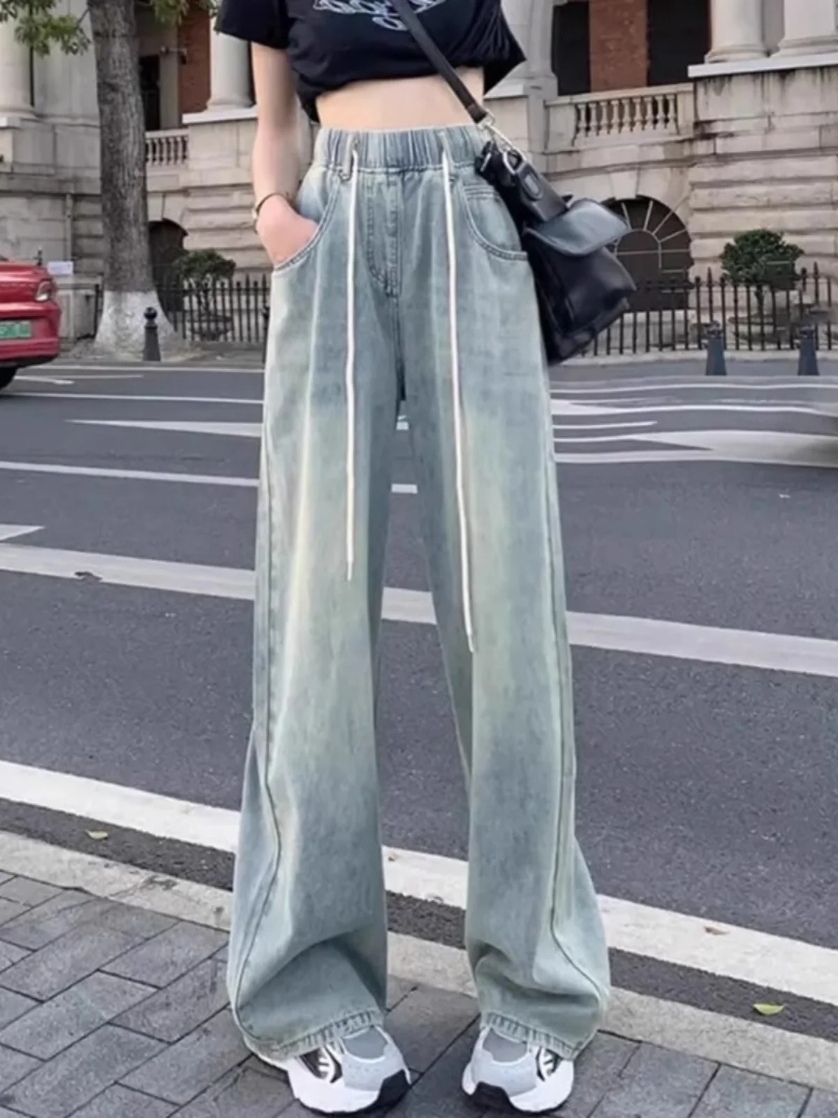 레트로 엘라스틱 웨이스트 끈 데님 청바지 여성용 봄 여름 한국 버전 하이 웨이스트 슬림 학생용 스트레이트 레그 바지...