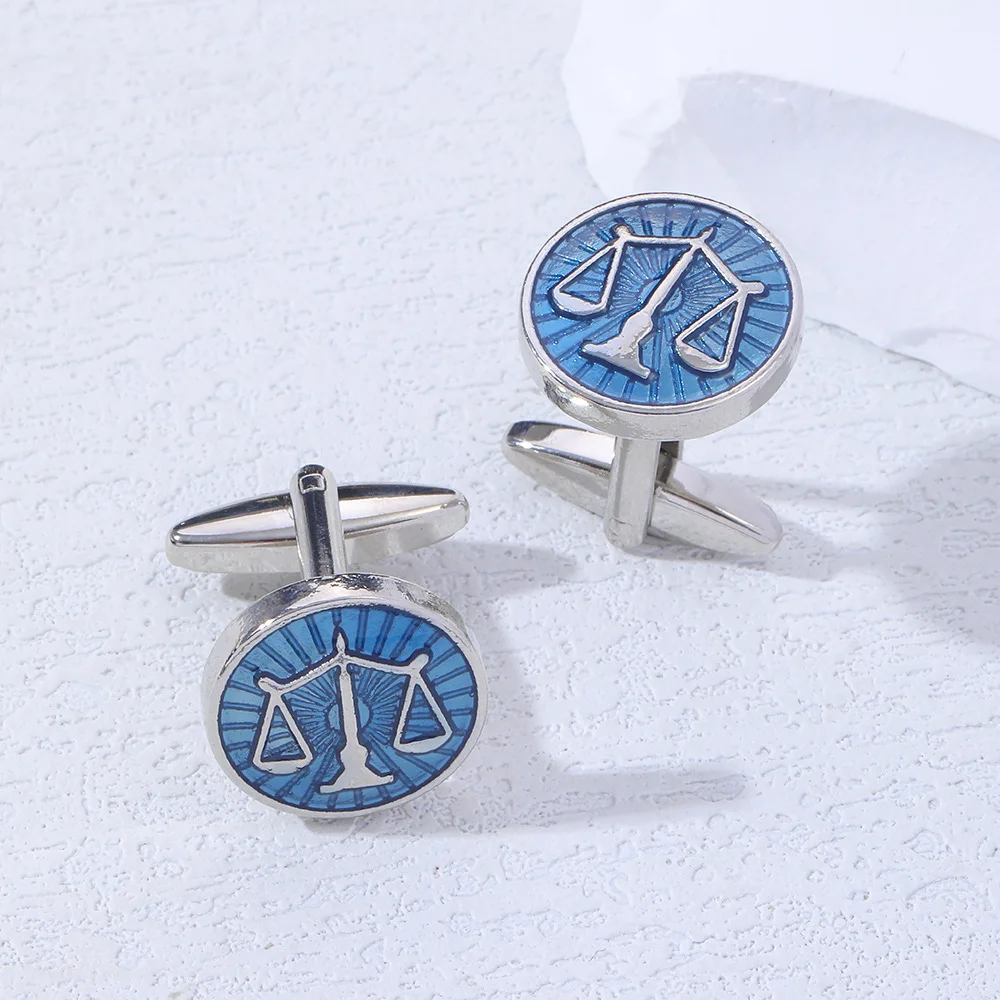 2024 Blue Painted Balance Scale Round Cufflinks Lawyer Suit Men's Shirt Accessories High Quality Alloy Cuff Button Business Gift