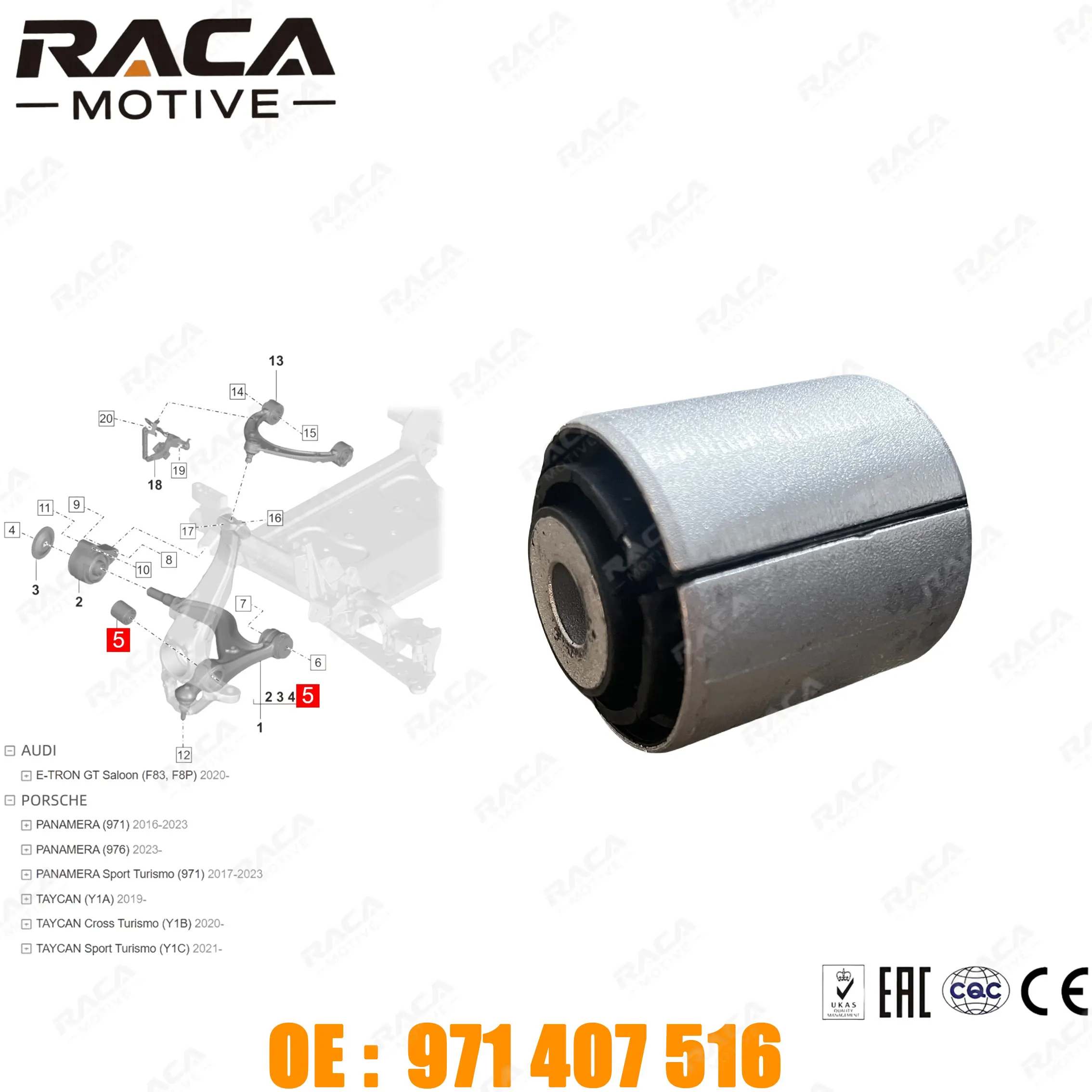 Front Axle Control Arm, Traction Arm, Bushing Suitable for Porsche Panamera (971/976) Taycan (Y1A/Y1B/Y1C) Audi E-Tron F83, F8P 971407516 971407151J/H/E/K/Q/L/N