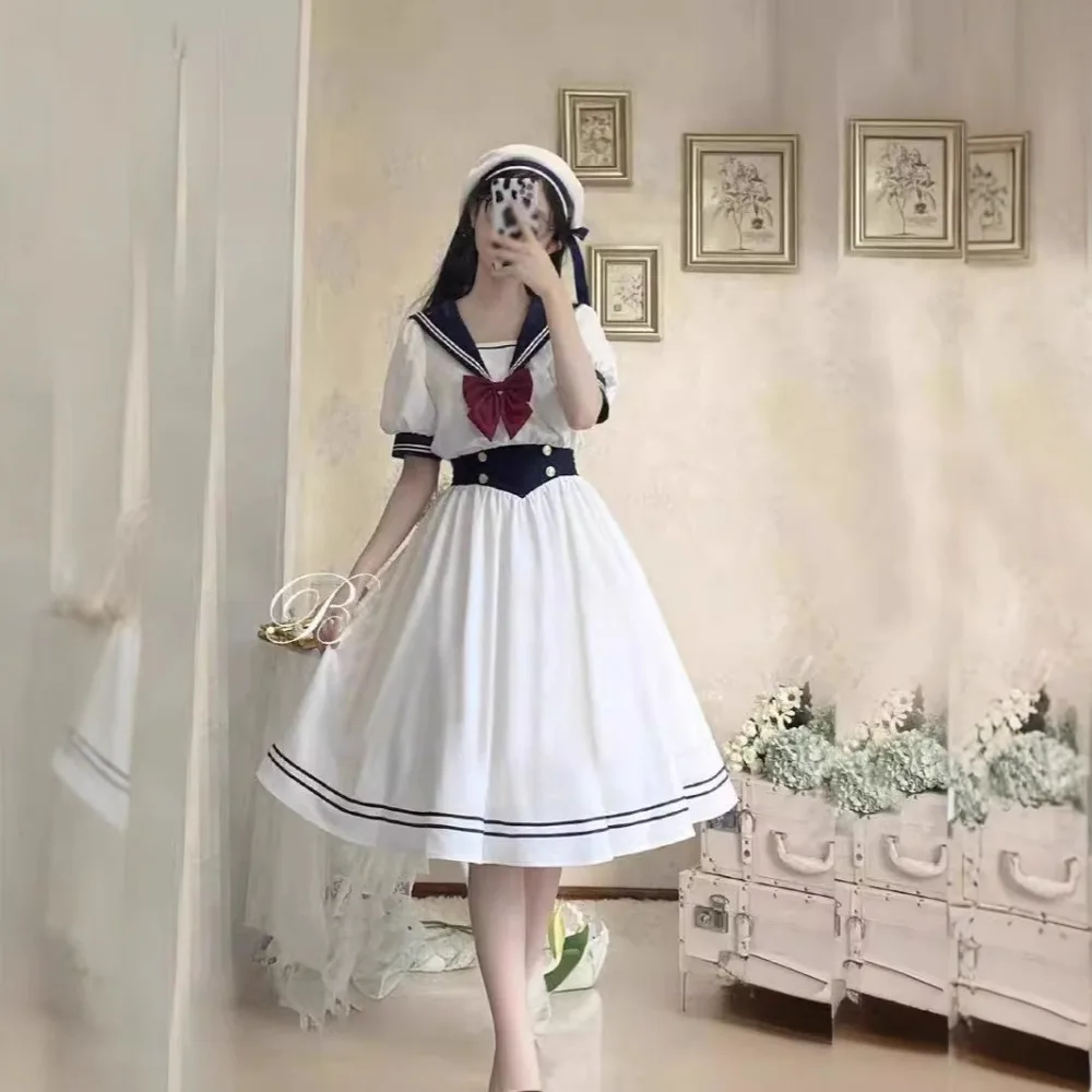 Navy Collar High Waist JK A-Line Midi Dress,Summer School Uniform for Student,Daily Campus Outfit for Casual Wear&Anime Cosplay