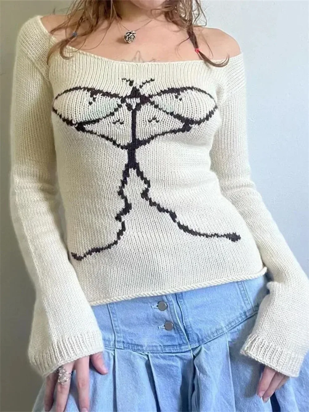 Tops de punto para mujer, suéter ajustado con hombros descubiertos, estampado gráfico, prendas de punto de manga larga, ropa de calle estética para primavera y otoño