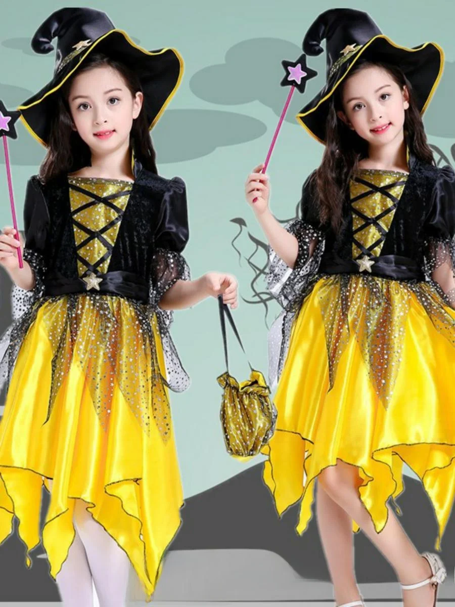 

Детский костюм для выступлений, косплей, ведьма, аниме, танцевальная одежда для выступлений на Хэллоуин, домашний детский наряд, материал полиэстер