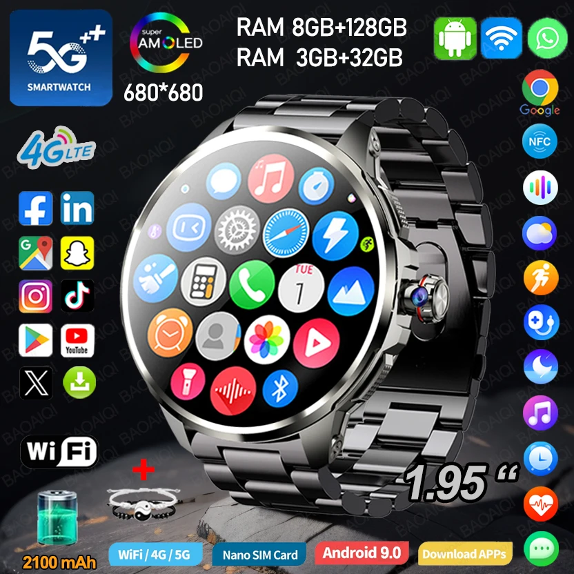 Полная сеть 5G/4G Смарт-часы 1,95 дюйма 720*720 AMOLED-экран 8 ГБ + 128 ГБ ОЗУ 900 Вт Камера GPS WIFI NFC Google APPS Смарт-часы для мужчин Полная сеть 5G/4G Смарт-часы 1,95 дюйма 720*720 AMOLED-экран 8 ГБ + 128 ГБ ОЗУ 900 Вт Камера GPS WIFI NFC Google APPS Смарт-часы для мужчин
