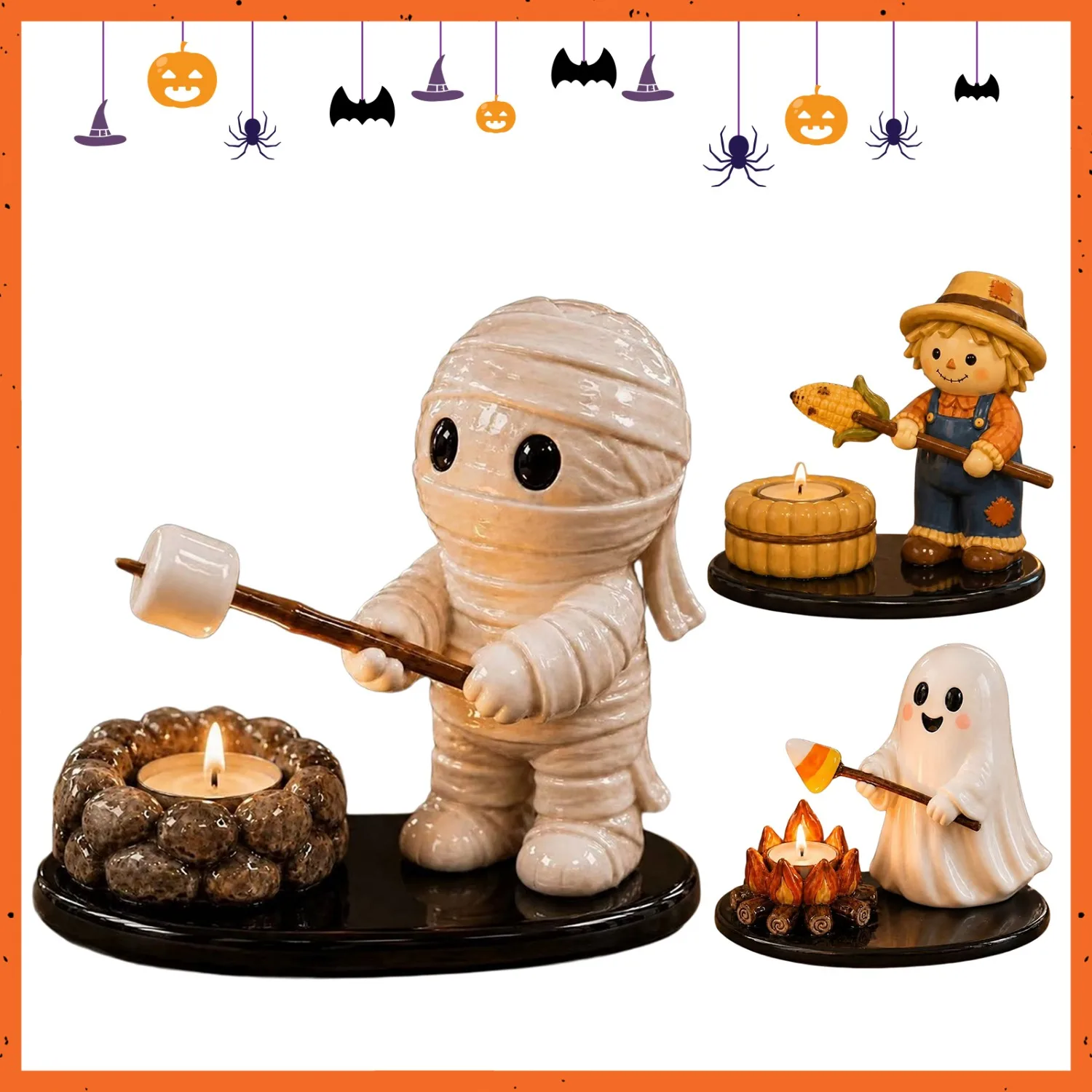 ハロウィンキャンプファイヤーティーライトホルダー、暗闇で光るゴーストギャザリングフィギュア、かわいいハロウィン樹脂製置物、マントルシェルフ用デコレーション