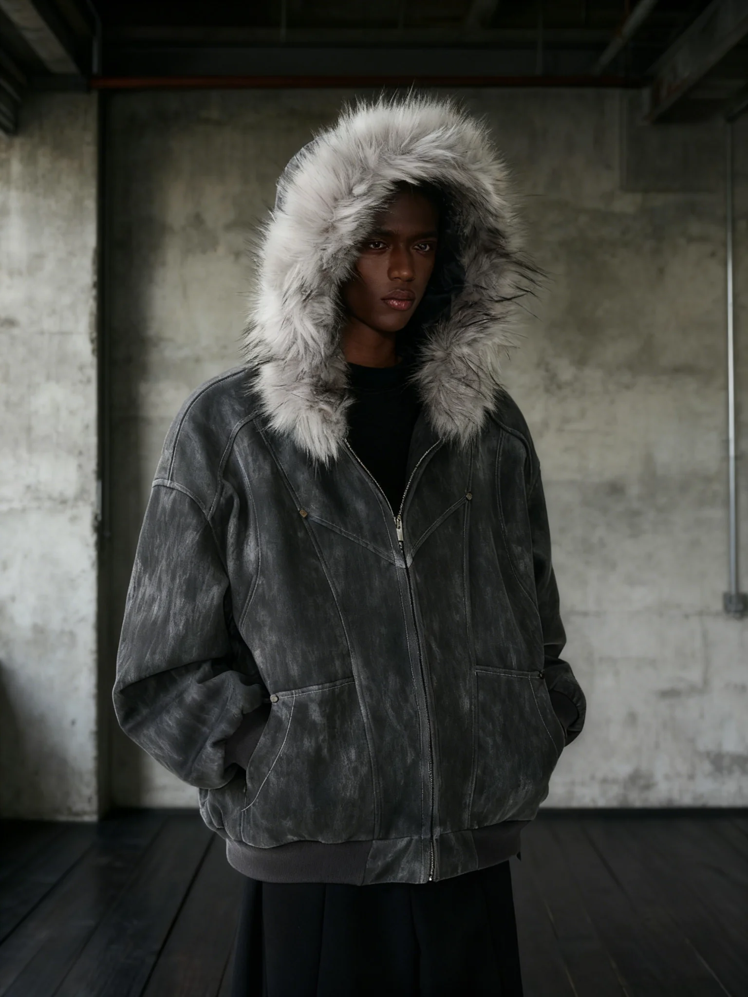 

Tie-Dye Men's Winter Hooded Jacke With Fur Collar, Streetwear Man Parkas, Premium Heavyweight Thermal Coat