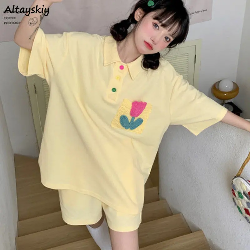 Two Pieces Sets Women Summer Cozy Flowers Fashion Short Sleeve T-shirts Kawaii Shorts Korean Style College Girls All-match Baggy