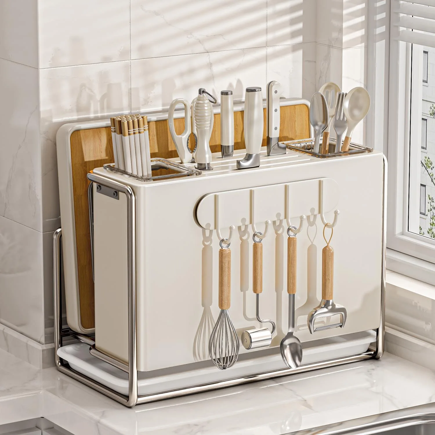 Cream Style Carbon Steel Countertop Knife Chopstick Rack Drain Tray Oil-Resistant Rust-Resistant Finish Optional Hook Cup Or Lid