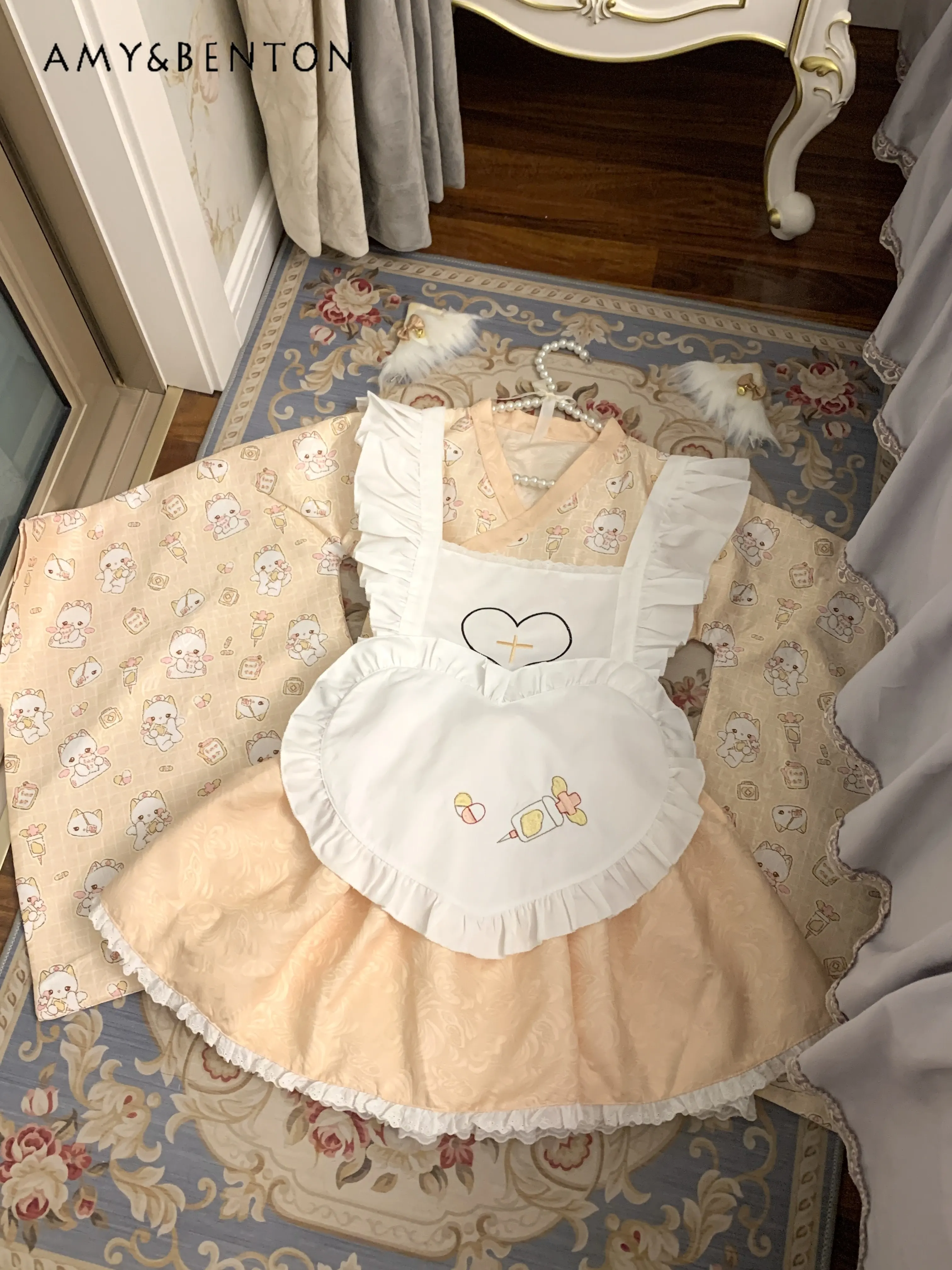 

2026 Spring Summer New Japanese Style Soft Girl Pink Yellow Cartoon Print Long Sleeve Top Short Skirt Lolita Set