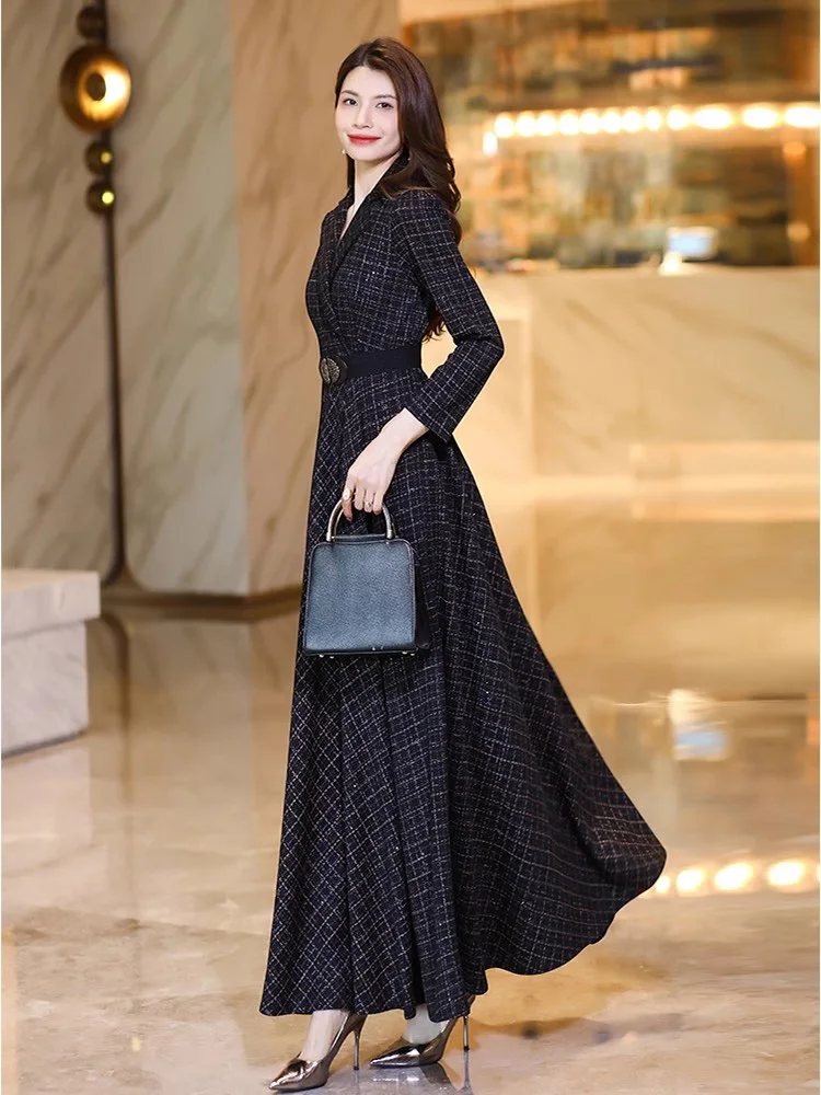 New Women Black Plaid Blazer Style Dress Spring Autumn Fashion V-Neck Long Sleeve Slim Waist Long Dress Elegant Exquisite Dress