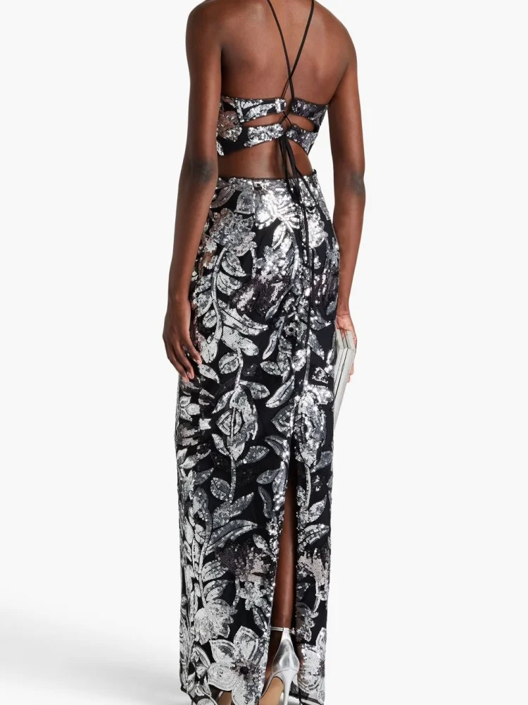 Elegancka czarno-srebrna sukienka letnia z cekinami, kwiatowym wzorem, wycięciami po bokach, ażurowa, długa sukienka na formalne okazje, Vestidos