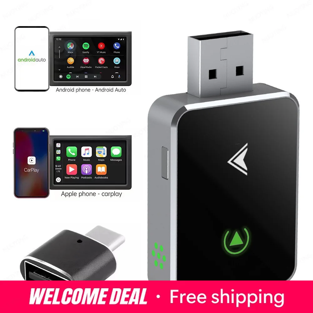 Adaptador Inalámbrico CarPlay, Adaptador Android Auto Actualización 2025, Tamaño Mini 5.4x2.8x1cm, Conversión de Cable USB y USB-C/Tipo C, Conector